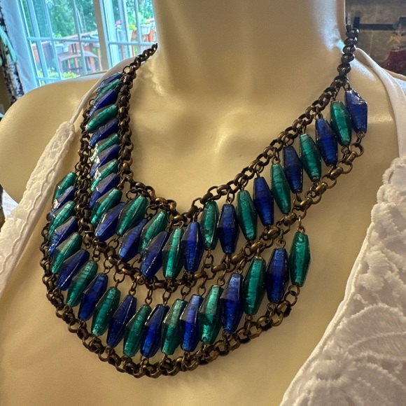 Art Deco Peacock Eye Necklace Foil Glass Vintage 28-21” long - Picture 7 of 13